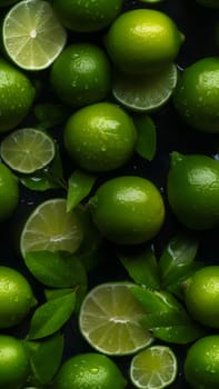 seamless texture and full-frame macro background of fresh green limes covered with water drops. Neural network generated in May 2023. Not based on any actual scene or pattern.