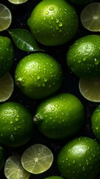 seamless texture and full-frame macro background of fresh green limes covered with water drops. Neural network generated in May 2023. Not based on any actual scene or pattern.