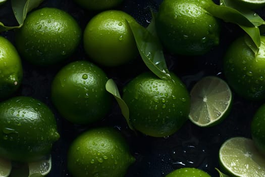 seamless texture and full-frame macro background of fresh green limes covered with water drops. Neural network generated in May 2023. Not based on any actual scene or pattern.