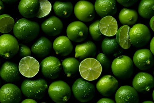 seamless texture and full-frame macro background of fresh green limes covered with water drops. Neural network generated in May 2023. Not based on any actual scene or pattern.