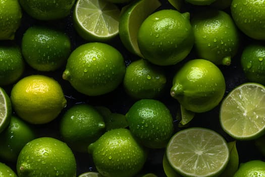 seamless texture and full-frame macro background of fresh green limes covered with water drops. Neural network generated in May 2023. Not based on any actual scene or pattern.