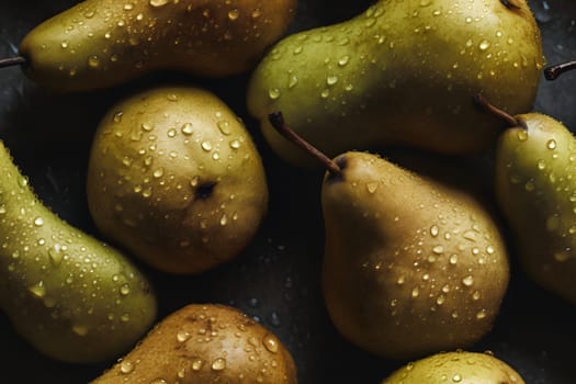 Fresh green pears with water drops seamless closeup background and texture. Neural network generated in May 2023. Not based on any actual scene or pattern.