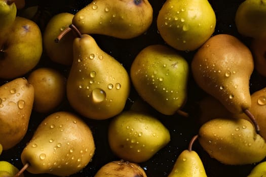 Fresh yellow pears with water drops seamless closeup background and texture. Neural network generated in May 2023. Not based on any actual scene or pattern.