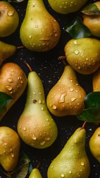Fresh green pears with water drops seamless closeup background and texture. Neural network generated in May 2023. Not based on any actual scene or pattern.