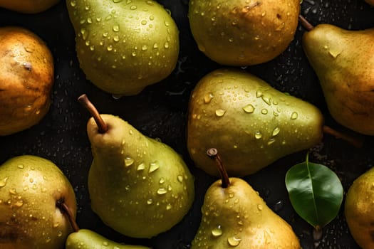 Fresh green pears with water drops seamless closeup background and texture. Neural network generated in May 2023. Not based on any actual scene or pattern.