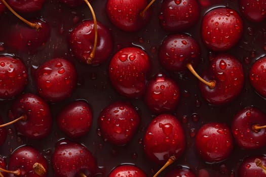 Fresh red cherry covered with water drops seamless closeup background and texture. Neural network generated in May 2023. Not based on any actual scene or pattern.