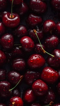 Fresh red cherry covered with water drops seamless closeup background and texture. Neural network generated in May 2023. Not based on any actual scene or pattern.