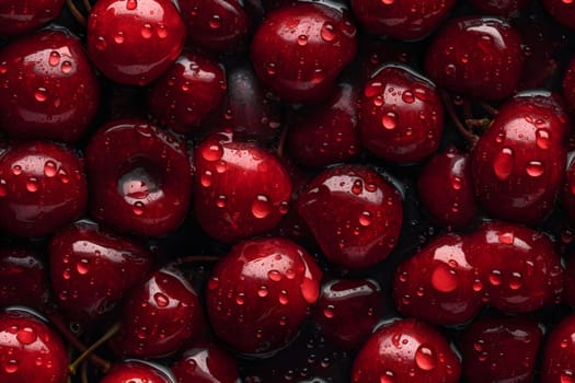 Fresh red cherry covered with water drops seamless closeup background and texture. Neural network generated in May 2023. Not based on any actual scene or pattern.