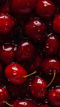 Fresh red cherry covered with water drops seamless closeup background and texture. Neural network generated in May 2023. Not based on any actual scene or pattern.