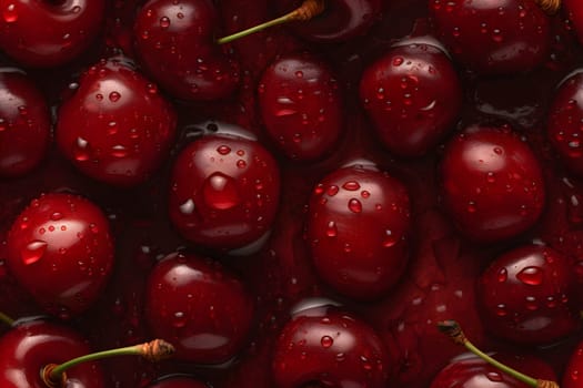 Fresh red cherry covered with water drops seamless closeup background and texture. Neural network generated in May 2023. Not based on any actual scene or pattern.