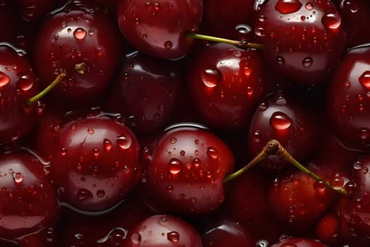 Fresh red cherry covered with water drops seamless closeup background and texture. Neural network generated in May 2023. Not based on any actual scene or pattern.