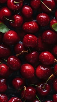 Fresh red cherry covered with water drops seamless closeup background and texture. Neural network generated in May 2023. Not based on any actual scene or pattern.