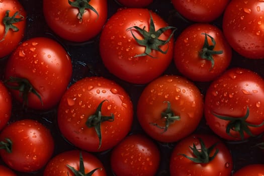 Fresh red tomatoes covered with water drops seamless closeup background and texture. Neural network generated in May 2023. Not based on any actual scene or pattern.