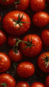 Fresh red tomatoes covered with water drops seamless closeup background and texture. Neural network generated in May 2023. Not based on any actual scene or pattern.