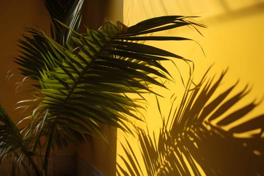 shadow of a palm leafs on a yellow wall. Neural network generated in May 2023. Not based on any actual scene or pattern.
