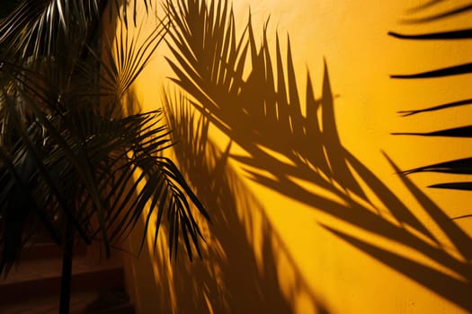 shadow of a palm leafs on a yellow wall. Neural network generated in May 2023. Not based on any actual scene or pattern.