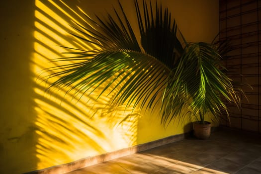 shadow of a palm leafs on a yellow wall. Neural network generated in May 2023. Not based on any actual scene or pattern.