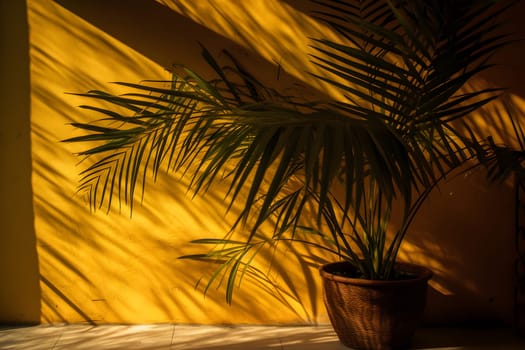 shadow of a palm leafs on a yellow wall. Neural network generated in May 2023. Not based on any actual scene or pattern.