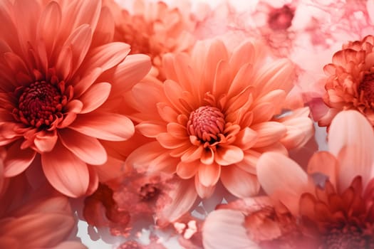 Flora branding and love concept - Coral daisy flowers pastel closeup background. Neural network generated in May 2023. Not based on any actual scene or pattern.