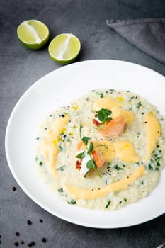 beautifully served porridge with egg and herbs