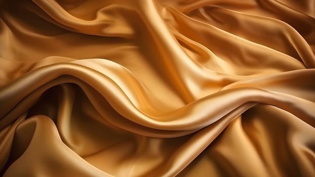 Golden-colored silk surface with folds. Abstract background. Neural network generated in May 2023. Not based on any actual scene or pattern.