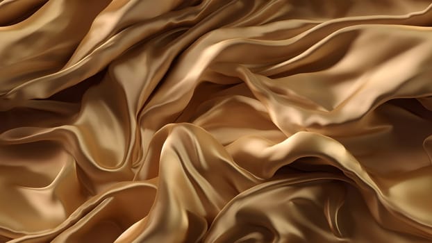 Golden-colored silk surface with folds. Abstract background and seamless texture. Neural network generated in May 2023. Not based on any actual scene or pattern.