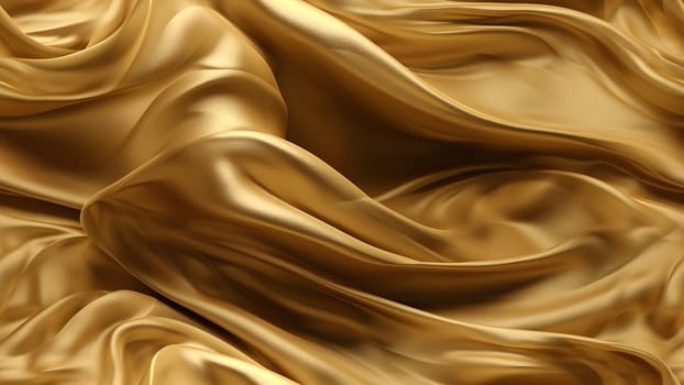 Golden-colored silk surface with folds. Abstract background and seamless texture. Neural network generated in May 2023. Not based on any actual scene or pattern.