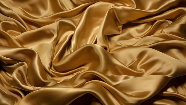 Golden-colored silk surface with folds. Abstract background. Neural network generated in May 2023. Not based on any actual scene or pattern.