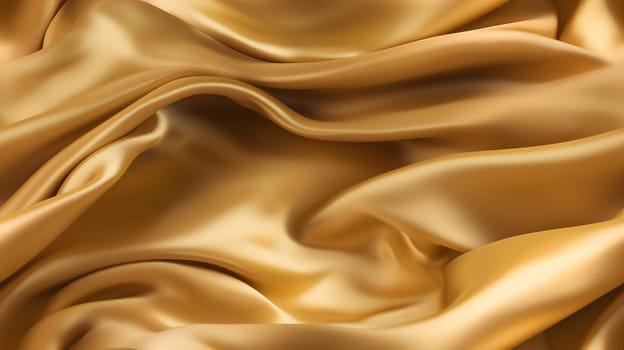 Golden-colored silk surface with folds. Abstract background and seamless texture. Neural network generated in May 2023. Not based on any actual scene or pattern.