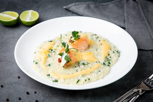 beautifully served porridge with egg and herbs