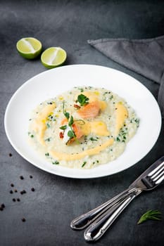 beautifully served porridge with egg and herbs