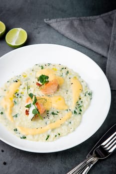 beautifully served porridge with egg and herbs