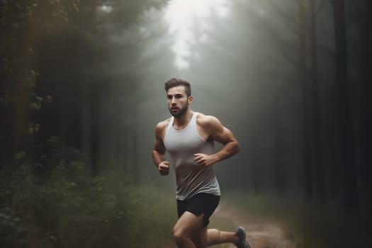 Athletic young man running in morning foggy forest, healthy lifestyle concept. Neural network generated in May 2023. Not based on any actual person, scene or pattern.