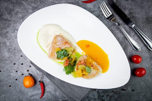 fish with tangerines, parsley and sesame breaded