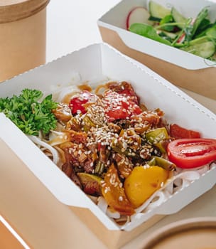 food in containers. proper nutrition, daily diet, weight loss. drink, salad.