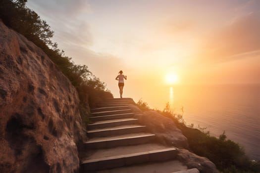 healthy lifestyle sports woman running up on stone stairs on a cliff at sunrise. Neural network generated in May 2023. Not based on any actual person, scene or pattern.