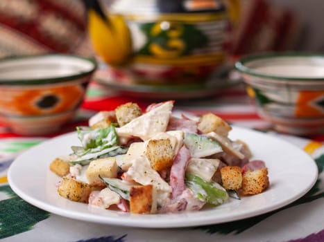 Malibu salad with crab sticks and croutons, feta cheese and vegetables. Asian style. High quality photo