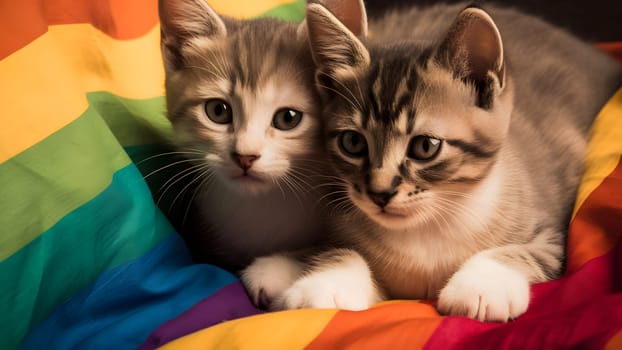 pair of kittens on rainbow LGBT flag. Neural network generated in May 2023. Not based on any actual scene or pattern.