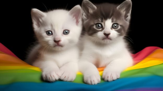 pair of kittens on rainbow LGBT flag. Neural network generated in May 2023. Not based on any actual scene or pattern.