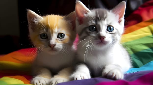 pair of kittens on rainbow LGBT flag. Neural network generated in May 2023. Not based on any actual scene or pattern.