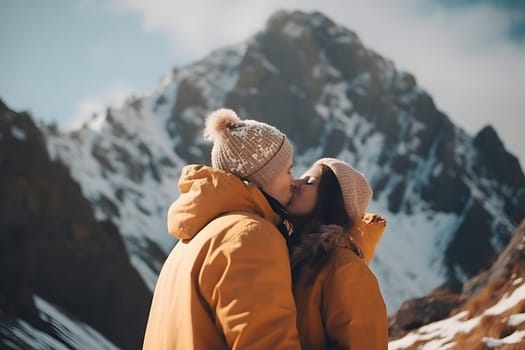 Loving couple kissing in mountains on background of snow covered peak at daylight. Neural network generated in May 2023. Not based on any actual person, scene or pattern.