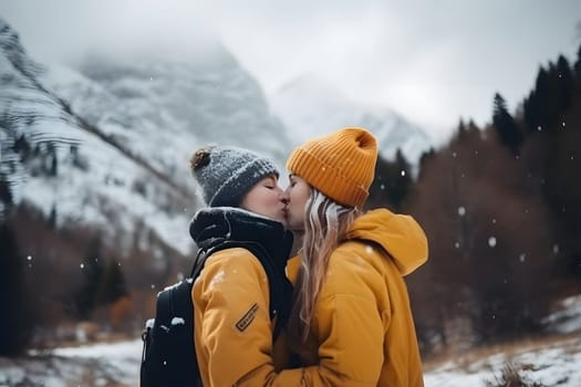 Loving lesbian couple kissing in mountains on background of snow covered peak at daylight. Neural network generated in May 2023. Not based on any actual person, scene or pattern.