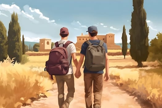 gay couple travelling on foot with backpacks hand in hand at sunny summer day. Neural network generated in May 2023. Not based on any actual person, scene or pattern.