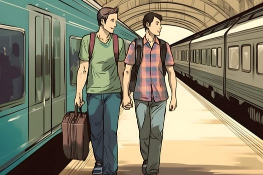 gay couple travelling on foot with backpacks hand in hand at train station. Neural network generated in May 2023. Not based on any actual person, scene or pattern.