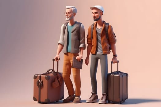 gay couple travelling with suitcases on light pink background. Neural network generated in May 2023. Not based on any actual person, scene or pattern.