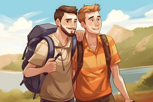 gay couple travelling on foot with backpacks at sunny summer day. Neural network generated in May 2023. Not based on any actual person, scene or pattern.