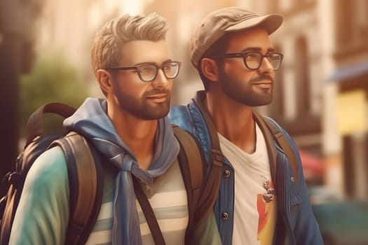 gay coupla travelling on foot with backpacks hand in hand at sunny summer day. Neural network generated in May 2023. Not based on any actual person, scene or pattern.