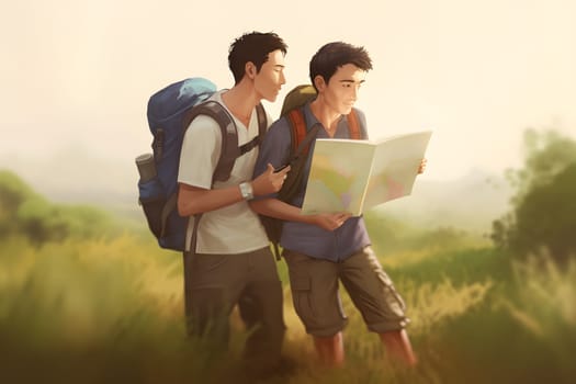 gay couple travelling on foot with backpacks at sunny summer day. Neural network generated in May 2023. Not based on any actual person, scene or pattern.