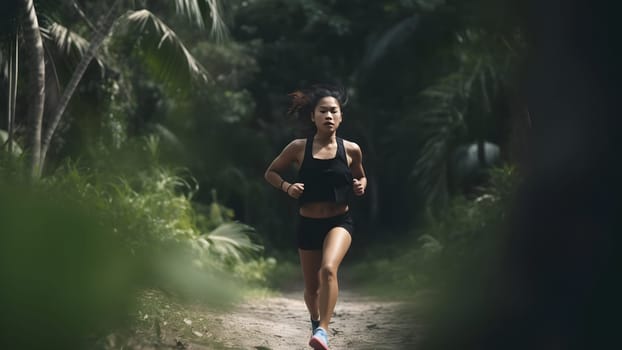 Athletic young asian woman running in morning foggy forest, healthy lifestyle concept. Neural network generated in May 2023. Not based on any actual person, scene or pattern.