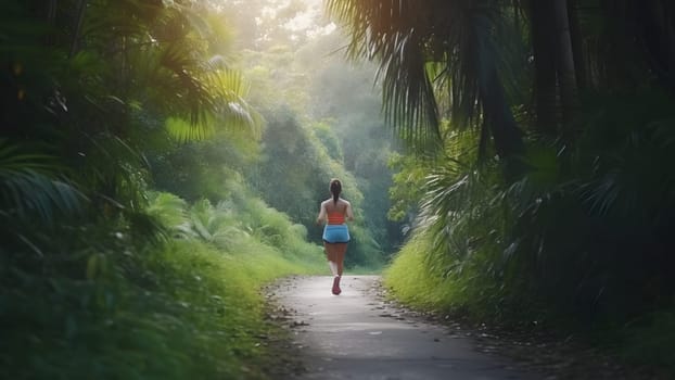 Athletic young woman running in morning foggy forest, healthy lifestyle concept. Neural network generated in May 2023. Not based on any actual person, scene or pattern.
